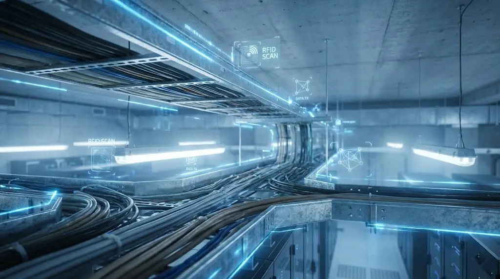 Smart RFID-enabled cable trays in a modern facility with digital data overlays