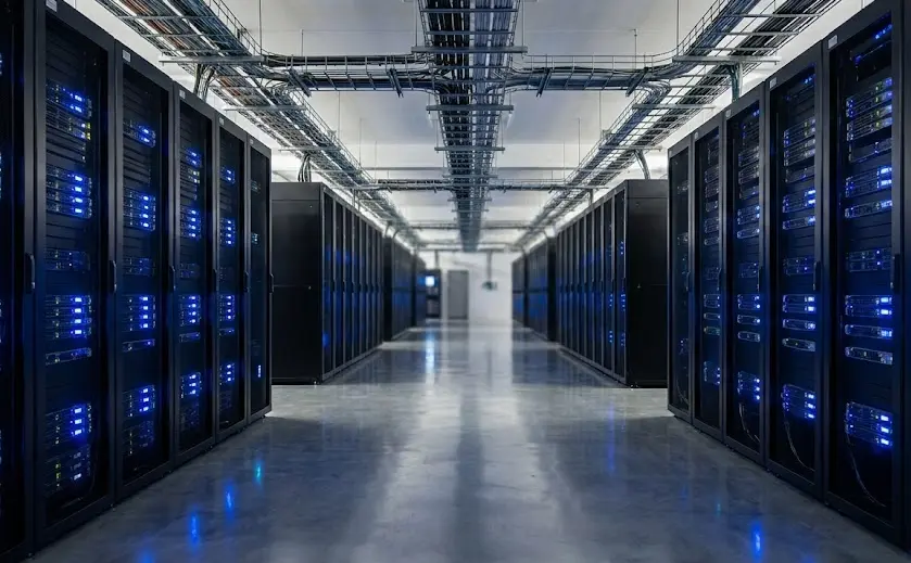 High-density data center server room using Shanghai Xinma RFID-enabled cable trays for efficient overhead management