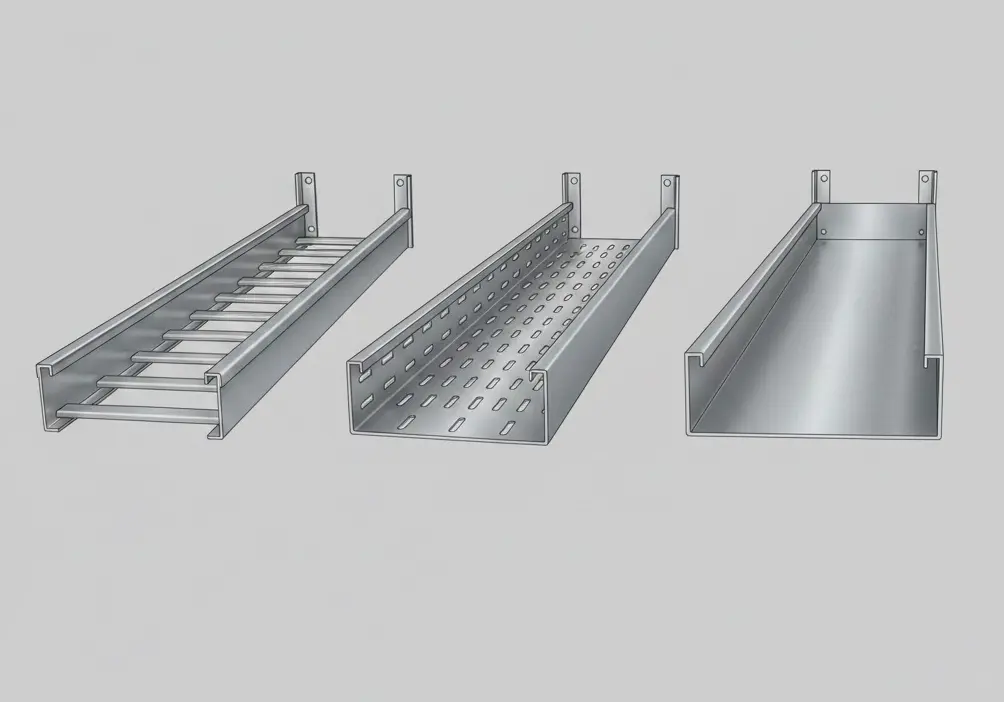 Cable tray structure comparison: solid-bottom (trough), ladder (open rung), and perforated (ventilated) designs