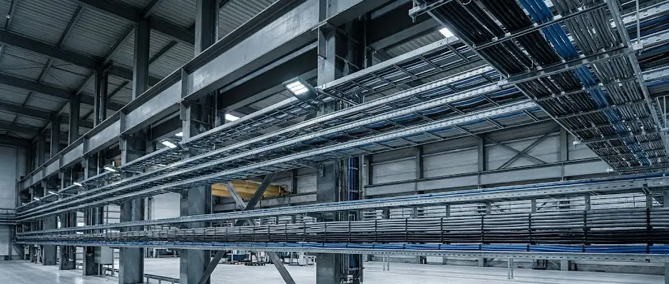 Cable tray fittings used in industrial plants for elbows, tees, reducers, and route transitions