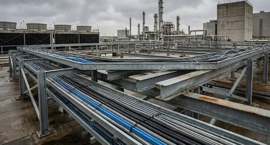 Cable tray supports and mounting accessories used for wall, ceiling, and outdoor structures with corrosion-resistant finishes