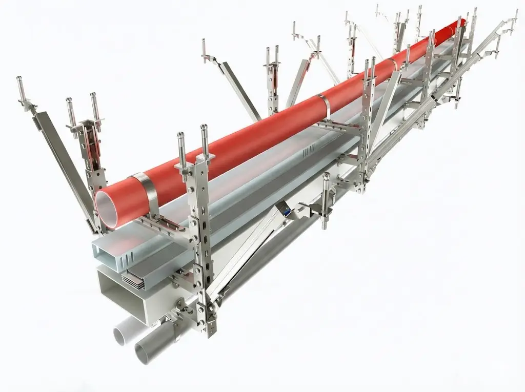 Multi-trade seismic bracing system for integrated pipe rack and MEP corridor supports