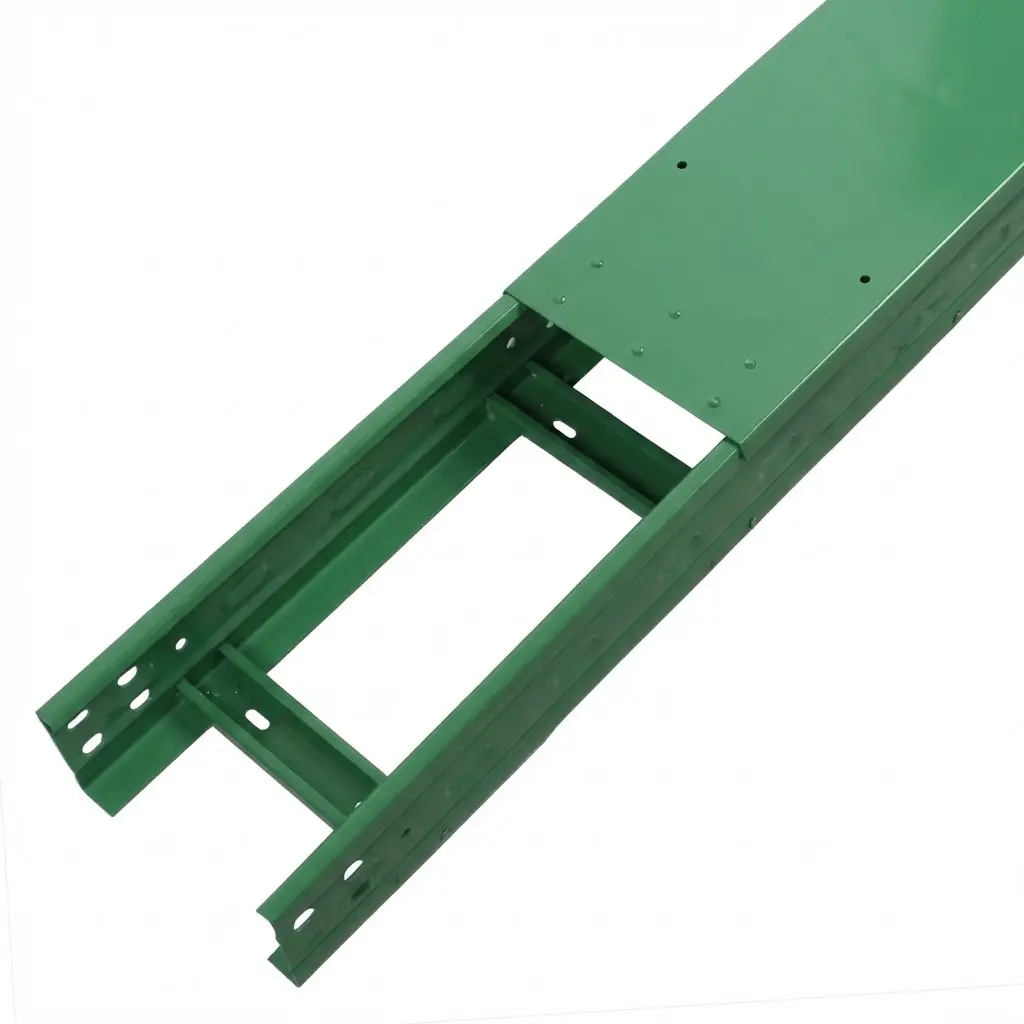 XMJZ ladder embossed cable tray section with cover in green powder-coated finish.