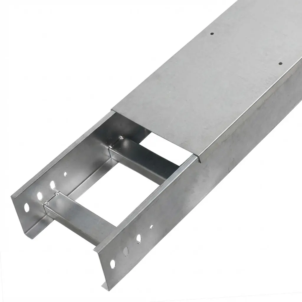 XQJ ladder flat cable tray section with cover plate in galvanized steel on white background.