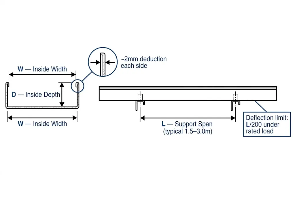 Cable tray cross-section diagram labelling inside width, depth, wall thickness, and support span