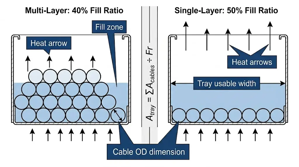 Cable tray fill ratio formula diagram showing 40 percent multi-layer and 50 percent single-layer cable cross-section limits