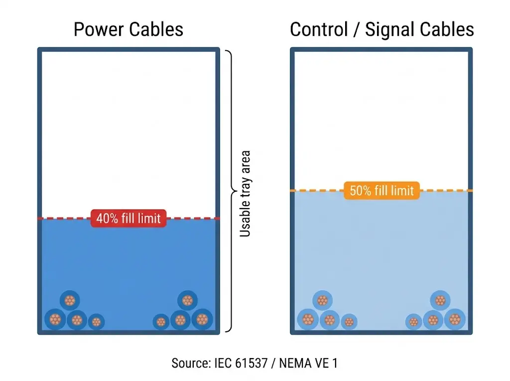 Cable tray fill ratio diagram showing 40 percent power cable limit and 50 percent control cable limit per IEC 61537