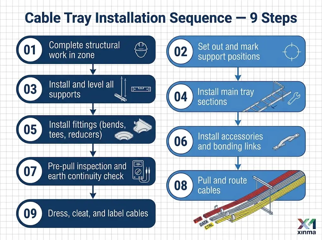 "Cable tray installation 9-step sequence flowchart from structural completion through support installation, tray erection, cable pulling, and final cable dressing"
