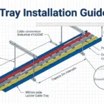 "Cable tray installation in data center ceiling showing ladder tray, trapeze supports, and color-coded cable routing — Xinma 2026