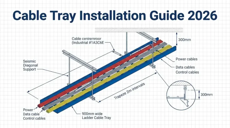"Cable tray installation in data center ceiling showing ladder tray, trapeze supports, and color-coded cable routing — Xinma 2026