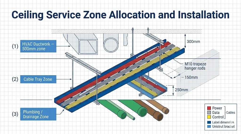 "Cable tray route elevation diagram showing HVAC, tray, and plumbing zones with 300mm, 150mm, and 250mm clearance callouts"