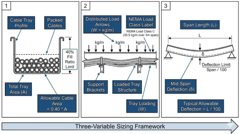 Cable tray size calculation diagram showing fill ratio, load capacity and IEC 61537 span variables