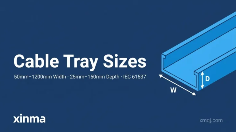 Standard cable tray sizes chart showing widths 50mm to 1200mm and depths 25mm to 150mm for industrial and data center cable management