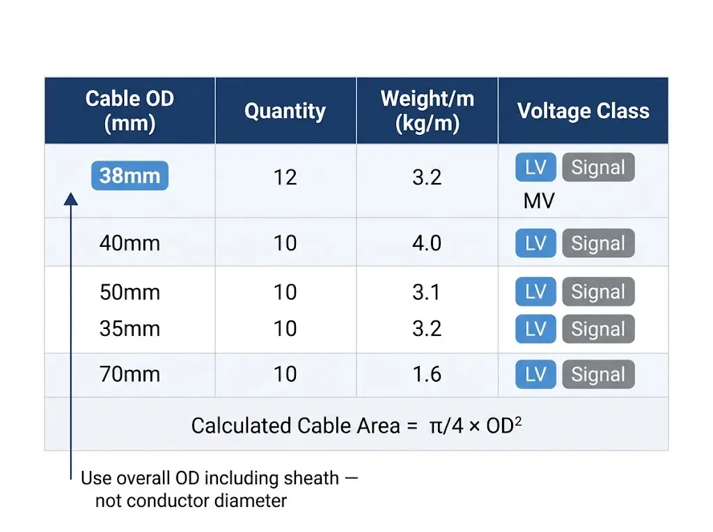 Cable tray sizing inventory table showing OD, quantity, weight per metre and voltage class columns