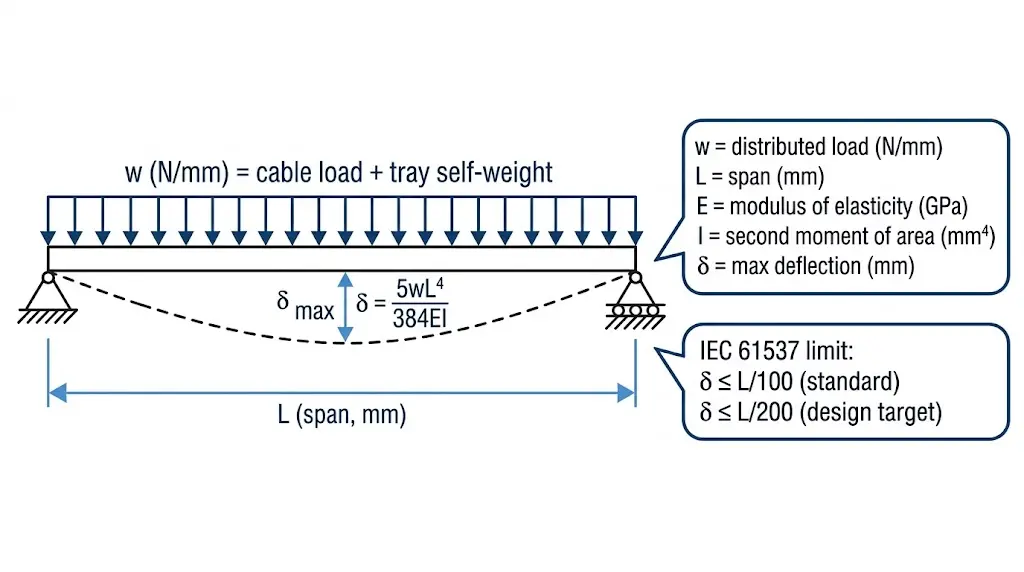 Simply supported beam deflection model for cable tray span calculation showing span L, load w, and midspan deflection delta