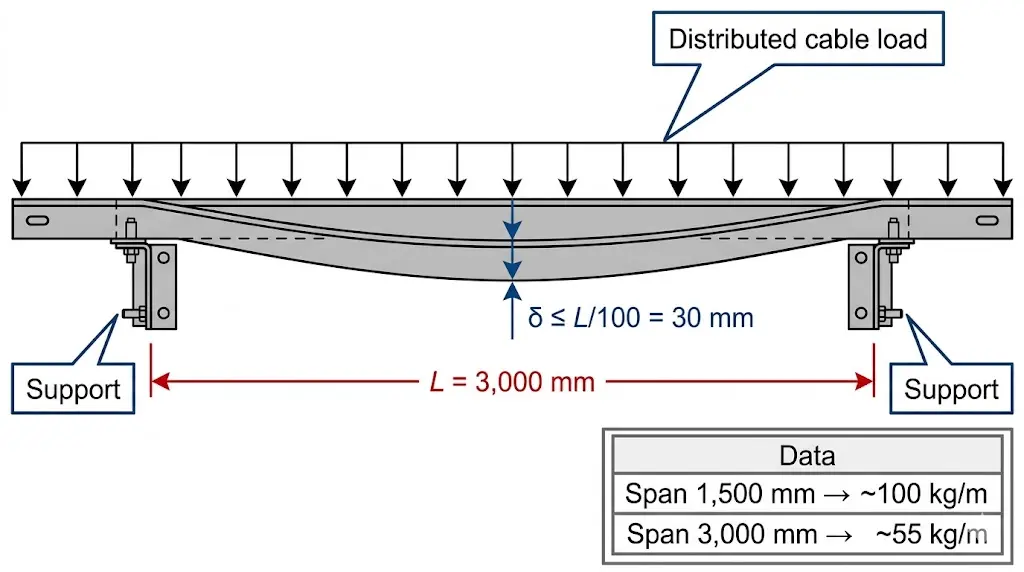 Cable tray span deflection diagram showing L/100 limit at 3000mm span per IEC 61537 load class rules
