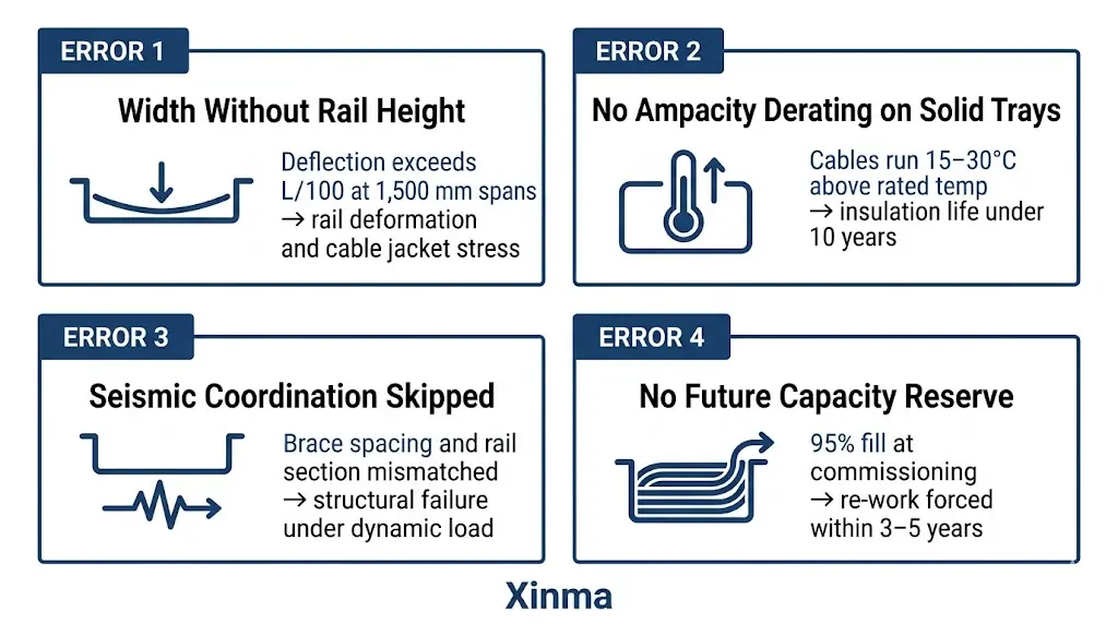 "Four electrical cable tray specification errors: missing rail height, no ampacity derating, skipped seismic coordination, and insufficient future capacity reserve"