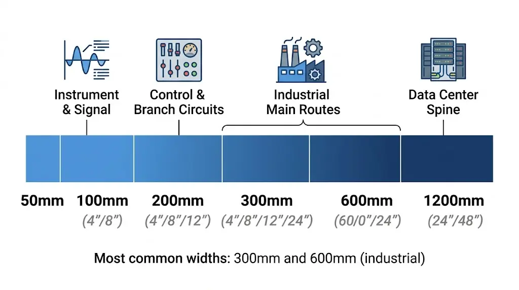 Cable tray standard widths scale bar from 50mm to 1200mm with application use-case labels