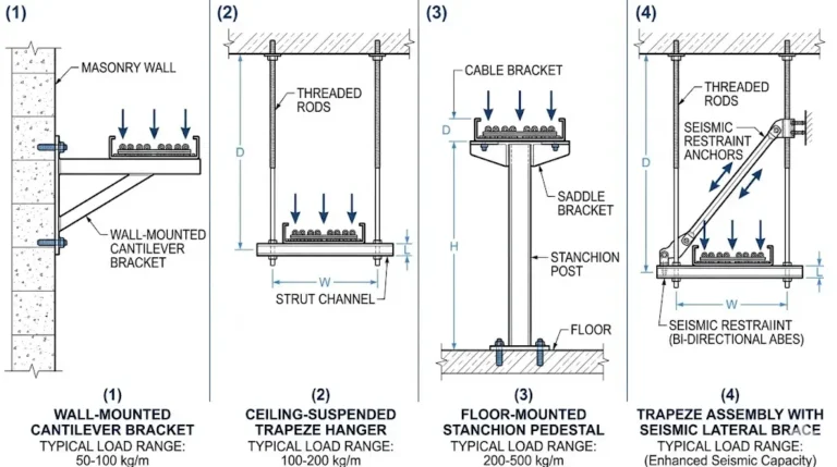 Cable tray support types diagram showing wall bracket, trapeze hanger, floor stanchion, and seismic brace assembly