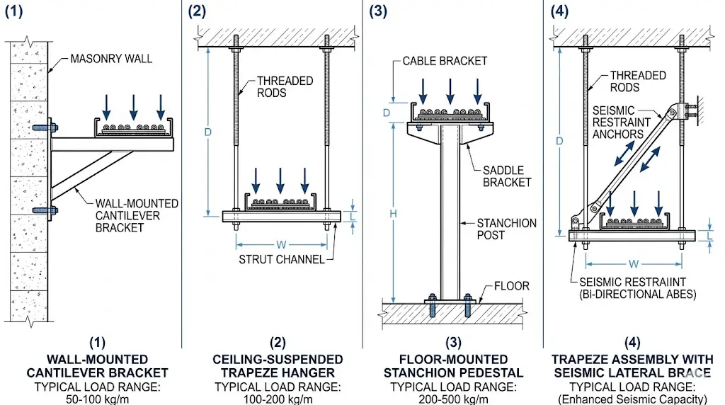 Cable tray support types diagram showing wall bracket, trapeze hanger, floor stanchion, and seismic brace assembly