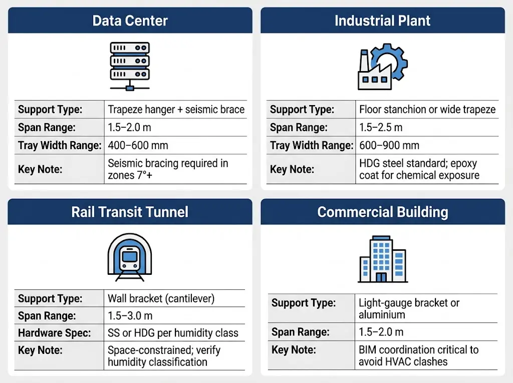 Grid infographic showing cable tray support configurations for data center, industrial plant, rail tunnel, and commercial building environments