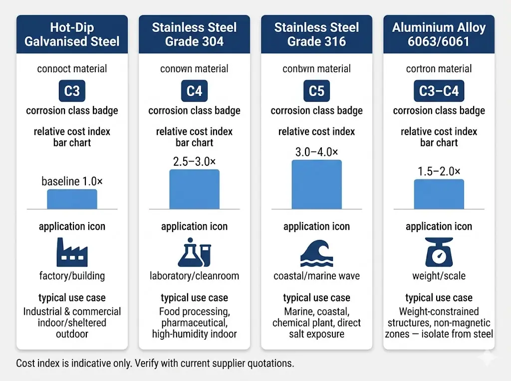 Infographic comparing HDG steel, stainless steel 304, stainless 316, and aluminium alloy cable tray support materials by corrosion class and cost
