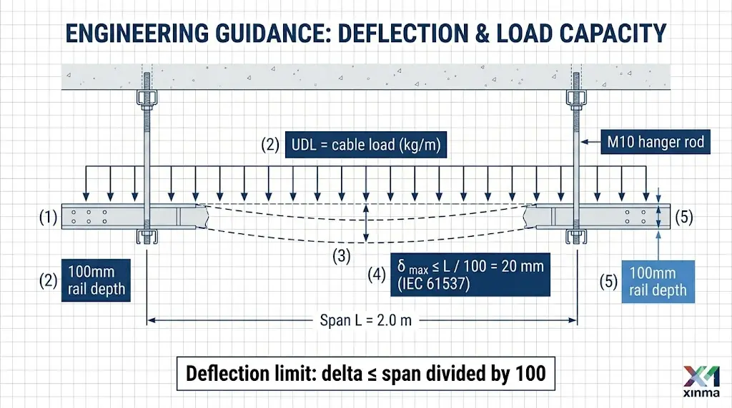 "Cable tray support spacing diagram showing 2.0m simply supported span, uniform distributed load, and IEC 61537 mid-span deflection limit callout"