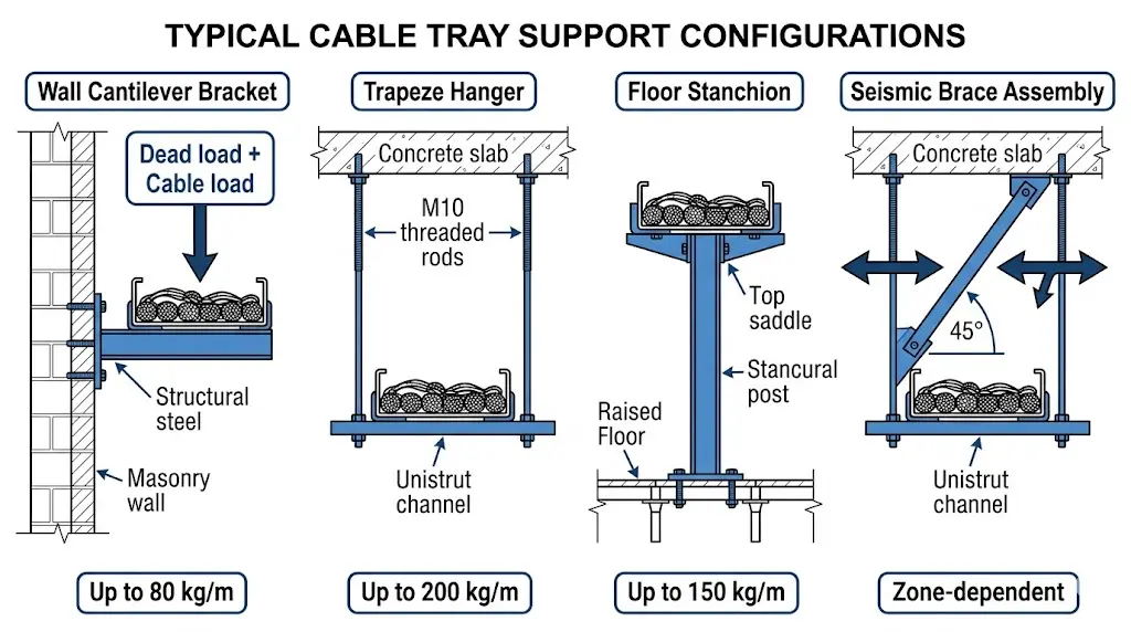 Four cable tray support types including wall bracket, trapeze hanger, stanchion, and seismic brace with load capacity labels