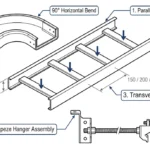 Exploded diagram of cable tray system components: side rails, rungs, fittings, and support hardware labeled
