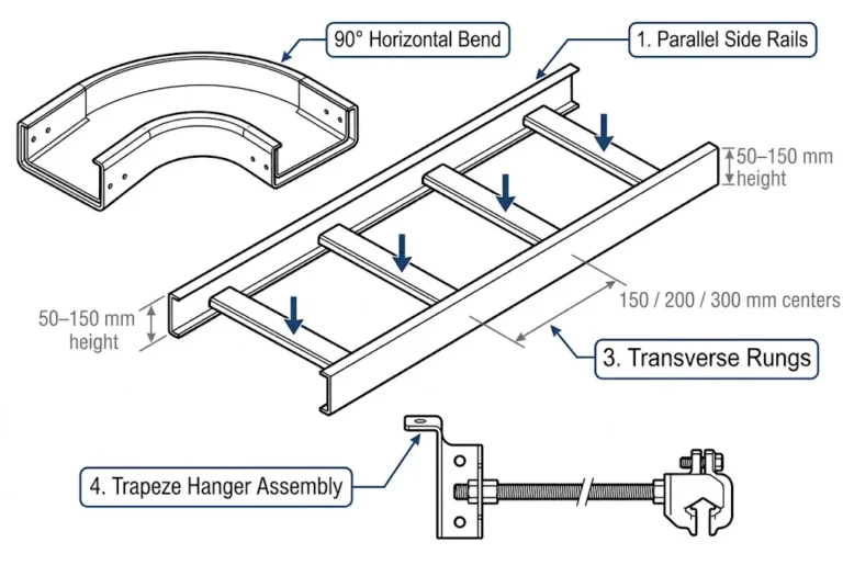 Exploded diagram of cable tray system components: side rails, rungs, fittings, and support hardware labeled