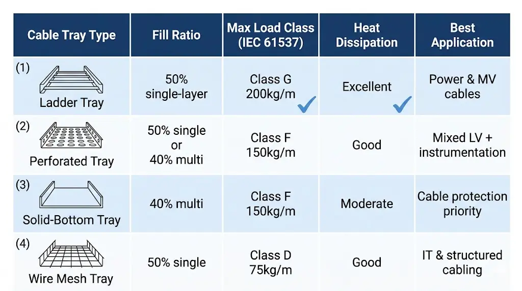 Cable tray type comparison matrix showing ladder, perforated, solid-bottom and wire mesh fill ratio and load capacity ratings