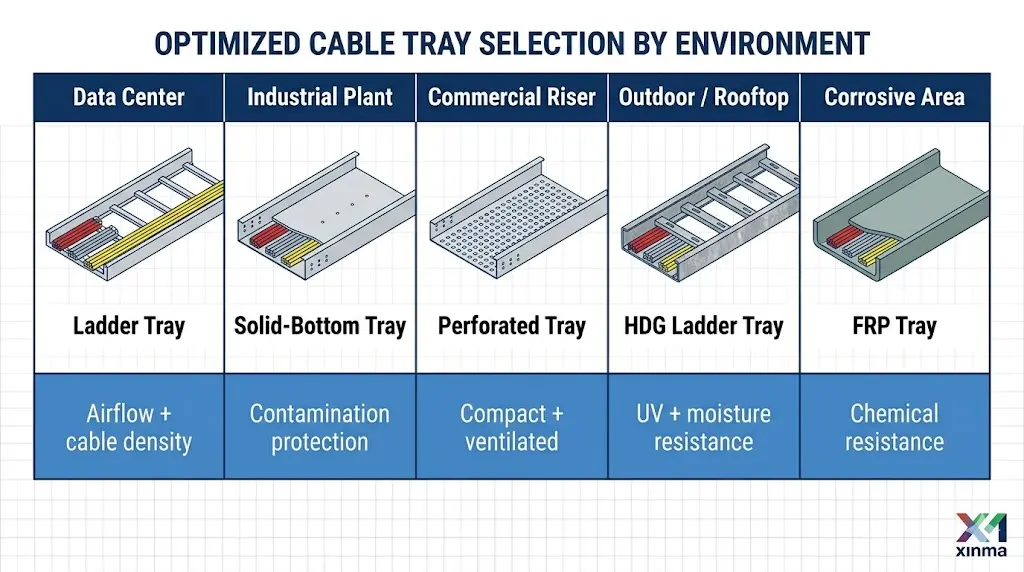 "Cable tray type selection matrix comparing ladder, solid-bottom, perforated, HDG ladder, and FRP tray across five installation environments"