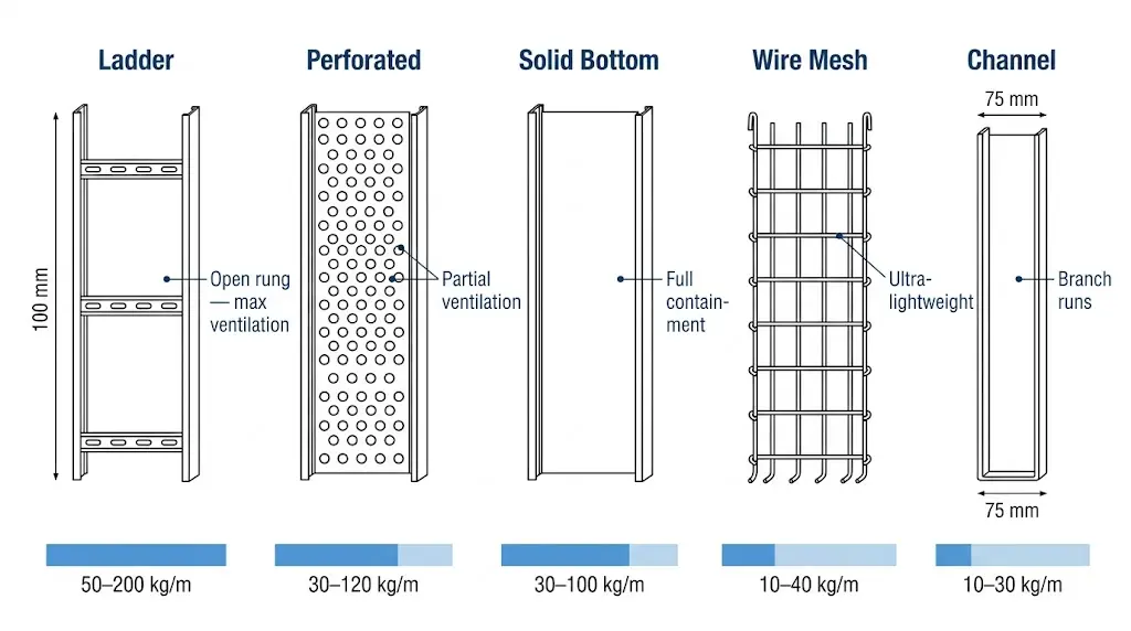 "Cross-section comparison of five cable tray types — ladder, perforated, solid bottom, wire mesh, and channel — with load capacity ranges"