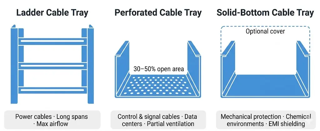 Cross-section comparison of ladder cable tray, perforated cable tray, and solid-bottom cable tray structural profiles