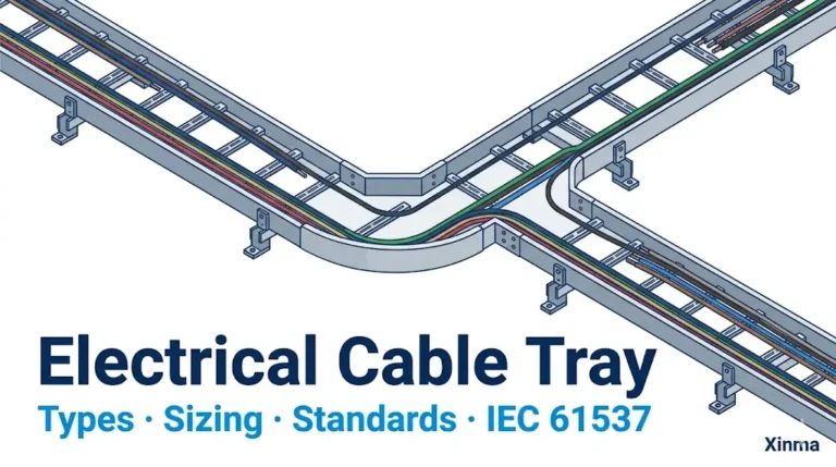 "Electrical cable tray system with ladder tray sections, 90-degree elbow fitting, and cable fill — Xinma cable management guide 2026"