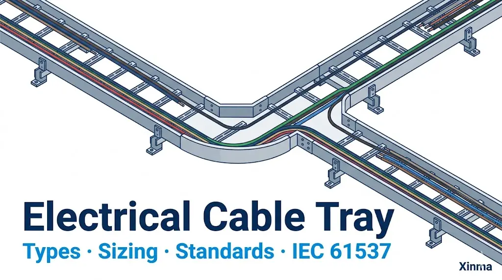 "Electrical cable tray system with ladder tray sections, 90-degree elbow fitting, and cable fill — Xinma cable management guide 2026"