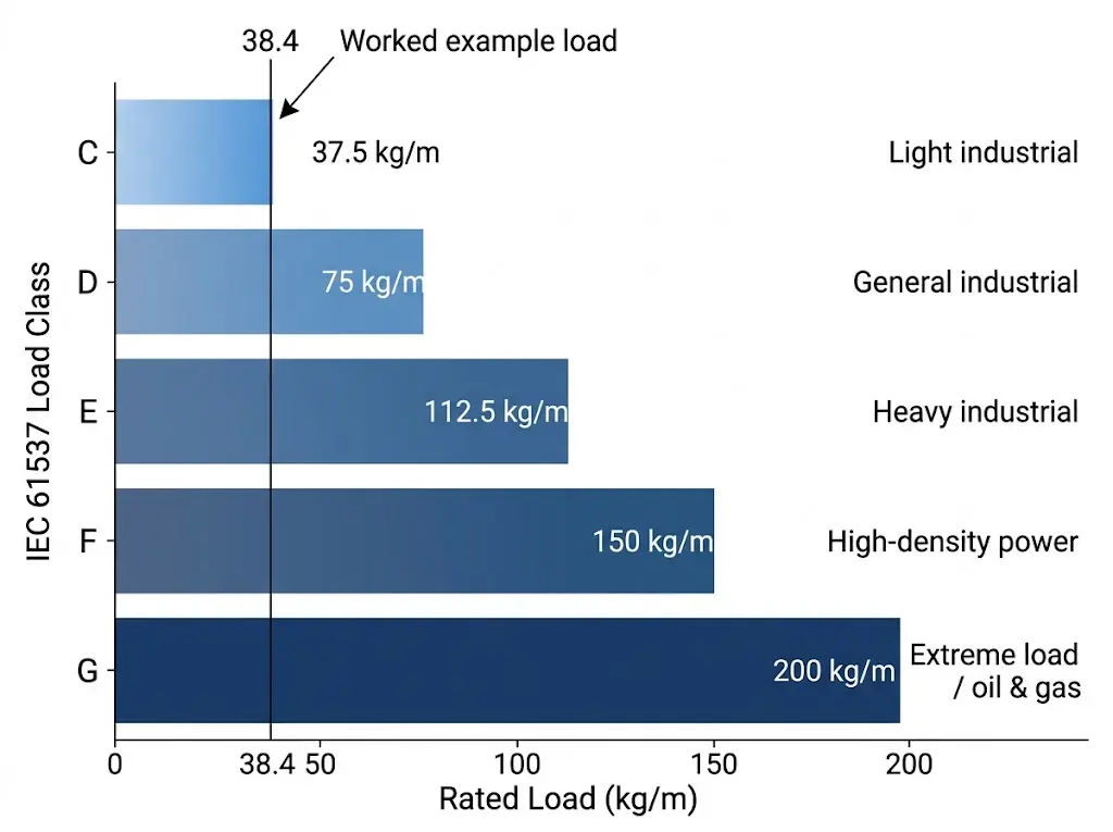 IEC 61537 cable tray load class chart comparing Classes C through G rated from 37.5 to 200 kg per metre