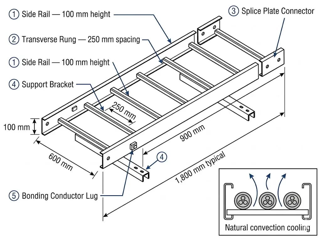 "Ladder cable tray anatomy diagram showing side rails, rungs, splice plate, support bracket, and bonding conductor callouts"