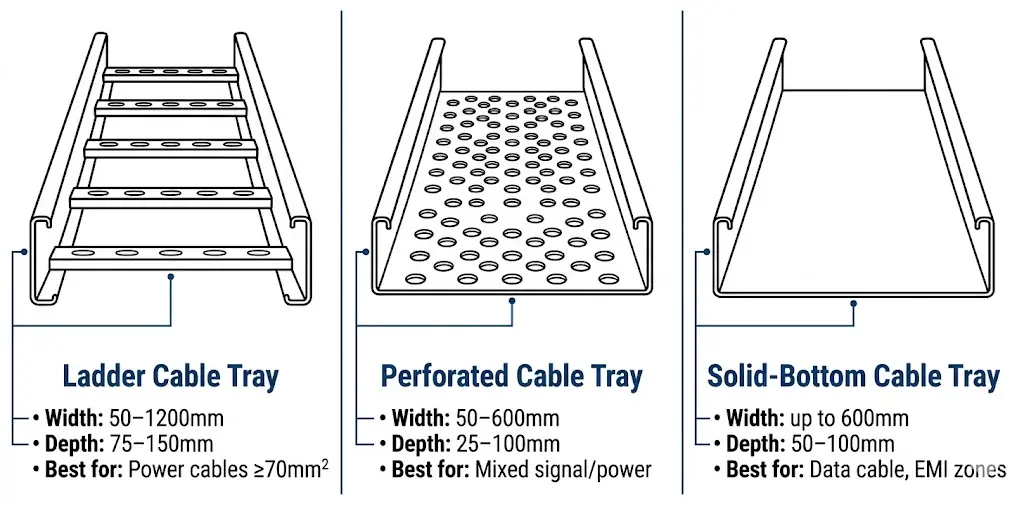 Cross-section comparison of ladder, perforated, and solid-bottom cable tray types with application labels
