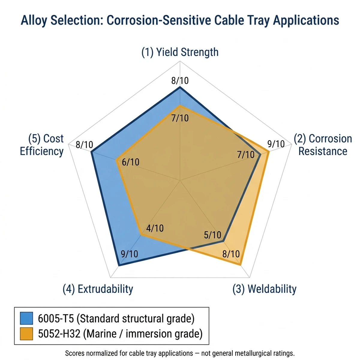 Radar chart comparing 6005-T5 and 5052-H32 aluminum alloys across five cable tray performance axes including corrosion resistance and extrudability