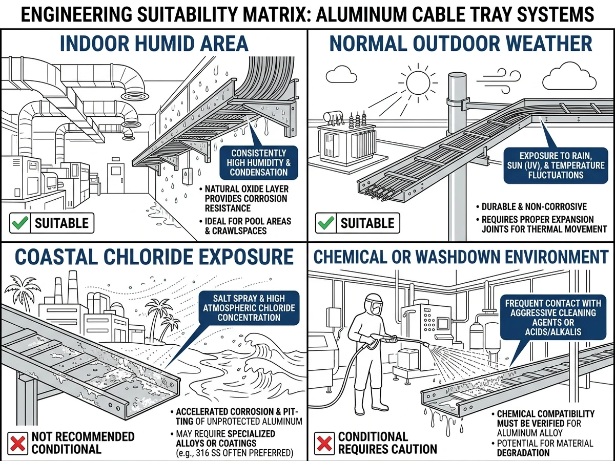 Aluminum cable tray corrosion matrix covering humid, coastal, chemical, and outdoor conditions