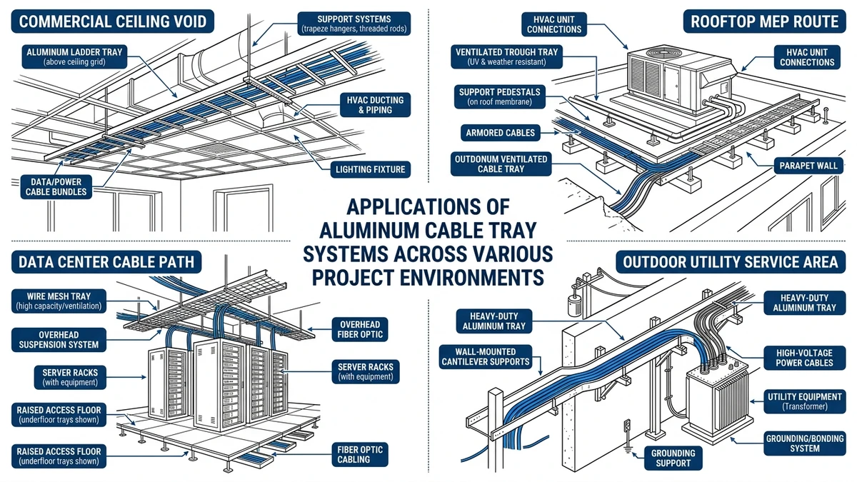 Aluminum cable tray application map for rooftops, data centers, utilities, and commercial routes