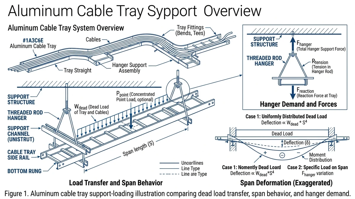 Aluminum cable tray support loading diagram showing dead load, span, and hanger forces