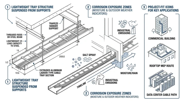 Aluminum cable tray overview showing lightweight structure, corrosion zones, and project fit indicators
