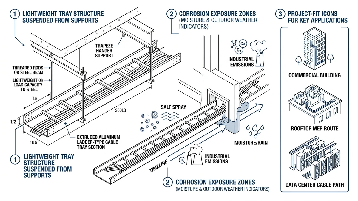 Aluminum cable tray overview showing lightweight structure, corrosion zones, and project fit indicators