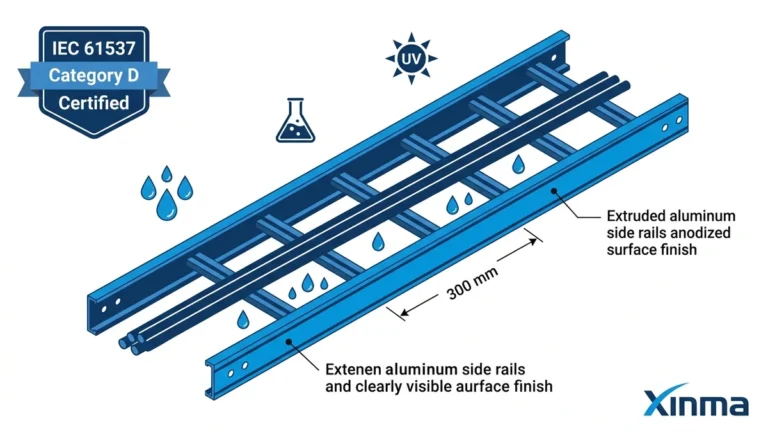 Aluminum ladder cable tray in marine environment showing anodized rail surface and open ladder drainage geometry