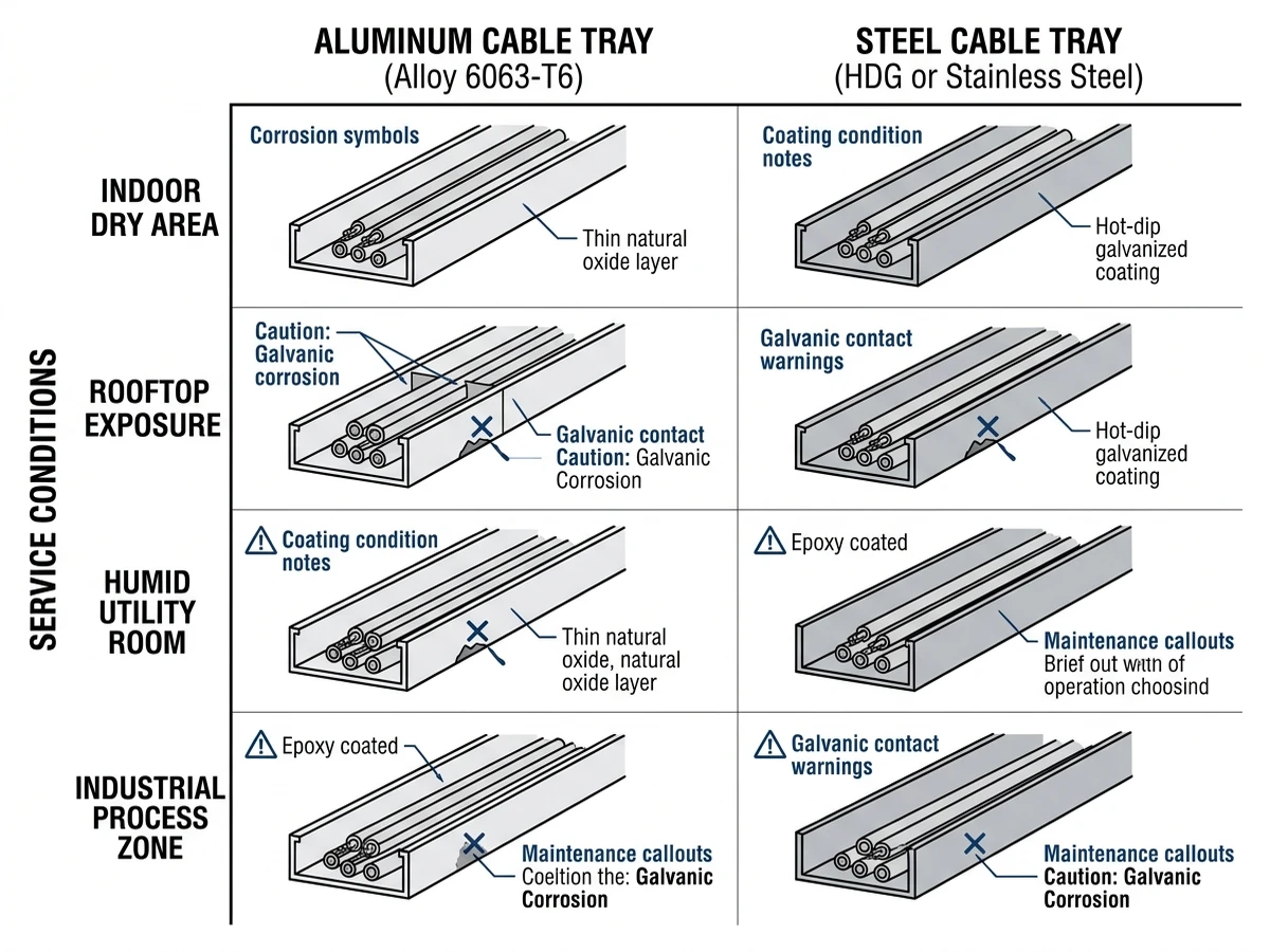 Aluminum vs steel cable tray corrosion performance across rooftop, humid, and indoor environments