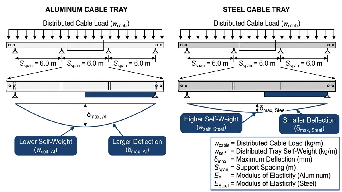 Aluminum and steel cable tray deflection comparison across equal spans and loads