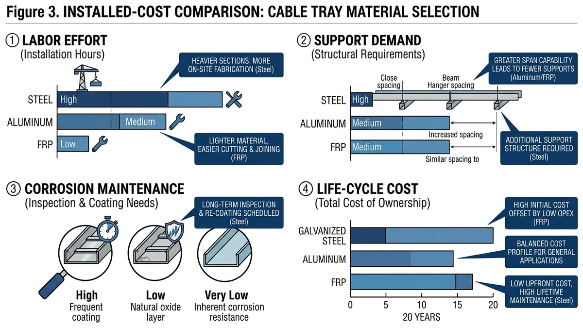 Cable tray material comparison showing labor, support demand, maintenance, and life-cycle cost