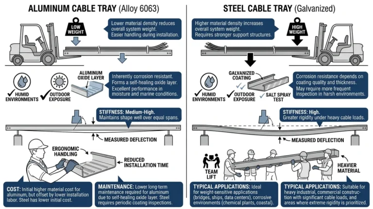 Aluminum vs steel cable tray comparison showing weight, corrosion, and structural differences